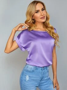 SHEIN Privé Rolled Cuff Batwing Sleeve Satin Top - Purple - View 4