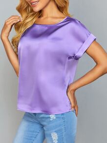 SHEIN Privé Rolled Cuff Batwing Sleeve Satin Top - Purple - View 5