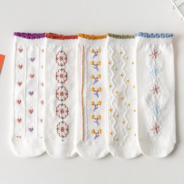 

5pairs Flower Pattern Crew Socks, Multicolor