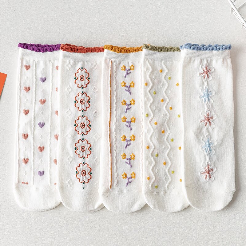 

5pairs Flower & Heart Pattern Crew Socks, Multicolor