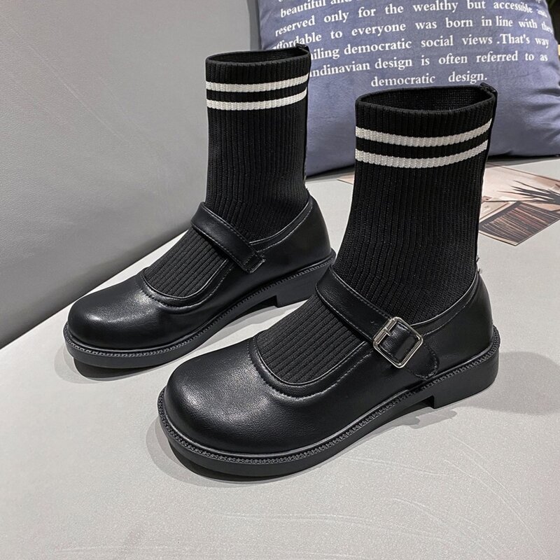 

Buckle Decor Sock Boots, Black