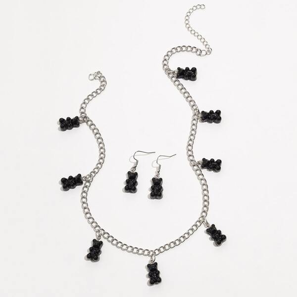 

3pcs Girls Bear Decor Jewelry Set, Black