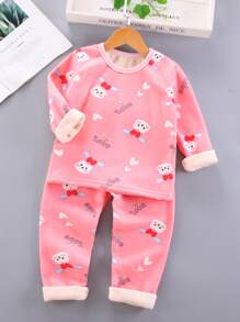 Niñas Pantalones con top con letra con con estampado de conejo térmico - Rosa - Ver 1