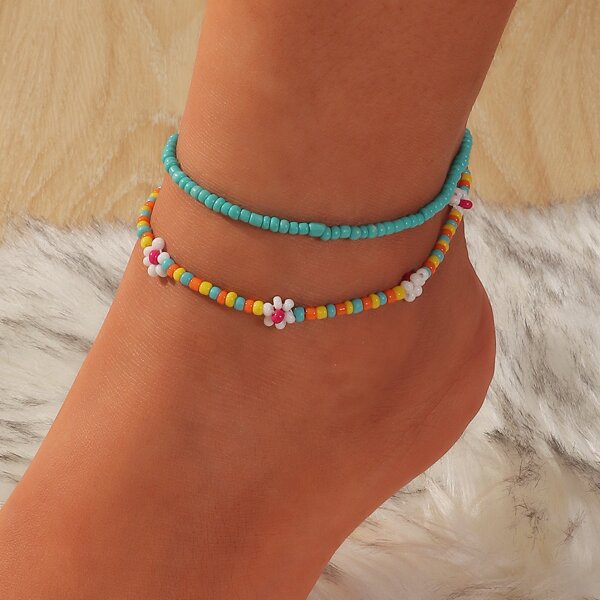 

2pcs Girls Beaded Anklet, Multicolor