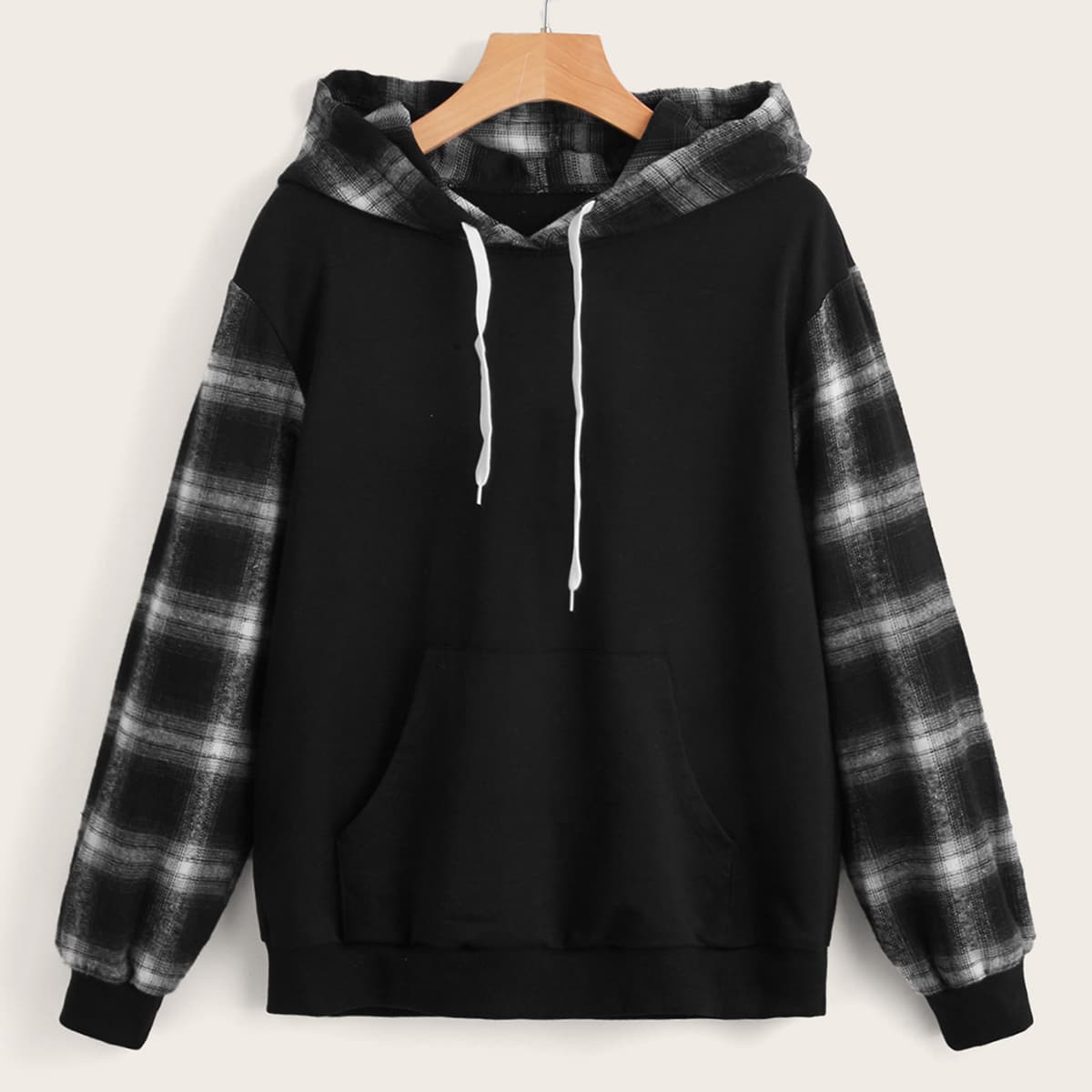 

Contrast Plaid Drawstring Hoodie, Black and white
