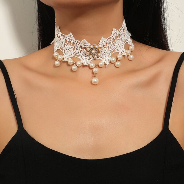 

Faux Pearl Decor Lace Choker, White