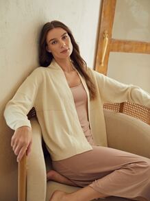 SHEIN Unity Nữ Cardigans màu trơn Giải trí - Màu be - Xem 3