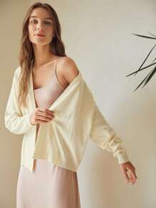 SHEIN Unity Nữ Cardigans màu trơn Giải trí - Màu be - Xem 5