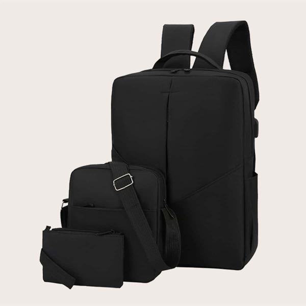 

3pcs Men Minimalist Large Capacity Backpack Set, Black