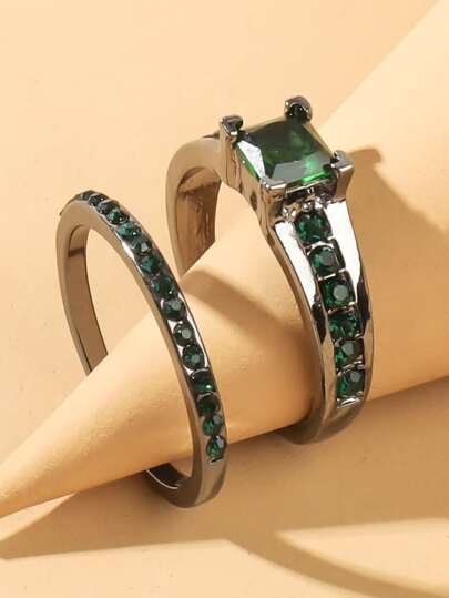 2入組方晶鋯石裝飾戒指