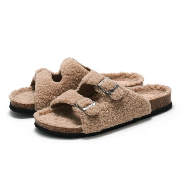 

Minimalist Fluffy Buckle Decor Footbed Sandals, Khaki