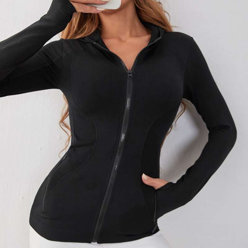 

Hiking & Outdoor Seamless Zip Up Pocket Side Sports Jacket, Black