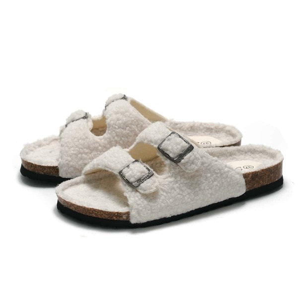 

Minimalist Fluffy Buckle Decor Footbed Sandals, White
