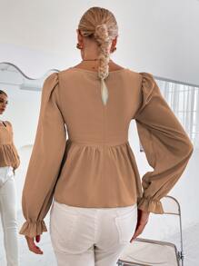 Top peplum de manga campana bajo con fruncido - Marrón - Ver 2