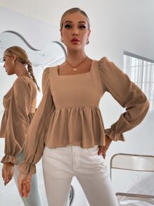 Top peplum de manga campana bajo con fruncido - Marrón - Ver 3