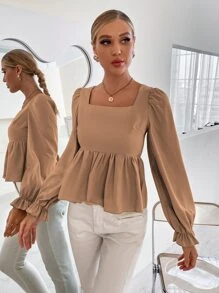 Top peplum de manga campana bajo con fruncido - Marrón - Ver 4