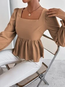 Top peplum de manga campana bajo con fruncido - Marrón - Ver 5