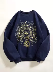 SHEIN Unity Sudadera con estampado de luna de hombros caídos - Azul Marino - Ver 1