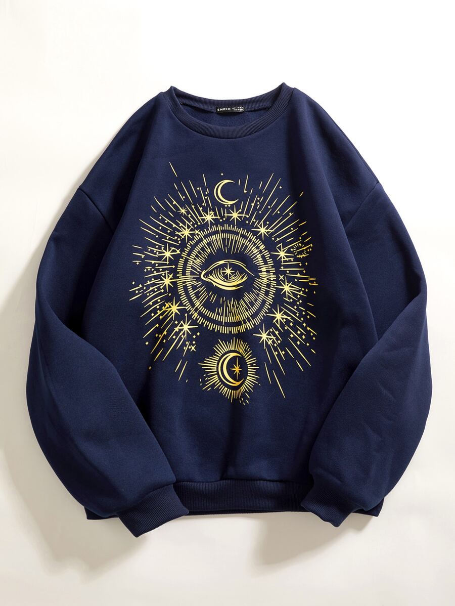 SHEIN Unity Sudadera con estampado de luna de hombros caídos - Azul Marino - Ver 1