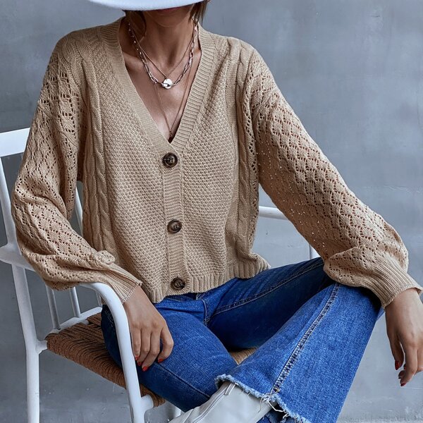 

Drop Shoulder Pointelle Knit Sleeve Cardigan, Khaki