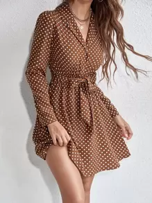 Breezaya 波尔卡圆点印花纽扣前系带衬衫裙度假海滩装女装 - 彩色 - 查看 1