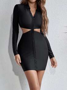 Vestido ajustado con botón de cintura con abertura - Negro - Ver 4
