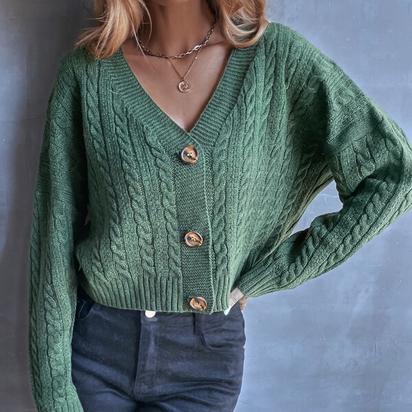 

Drop Shoulder Button Front Cable Knit Cardigan, Green