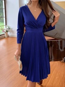 SHEIN LUNE Surplice Neck Pleated Hem Dress - Royal Blue - View 1