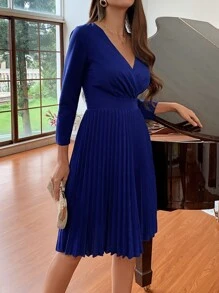 SHEIN LUNE Surplice Neck Pleated Hem Dress - Royal Blue - View 6