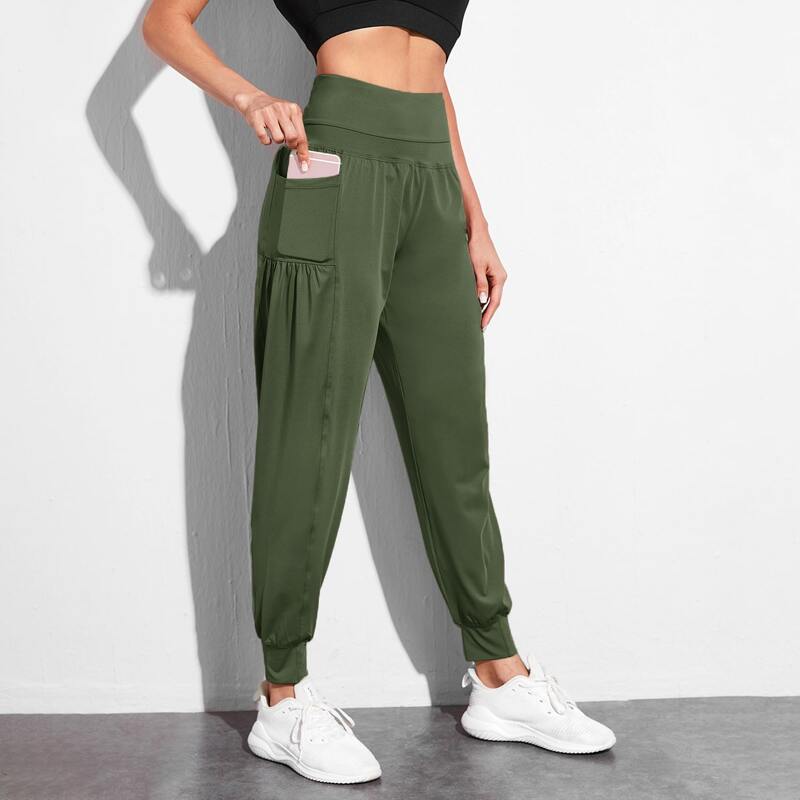 

Wide Band Waist Sports Pants & Phone Pocket, Army green
