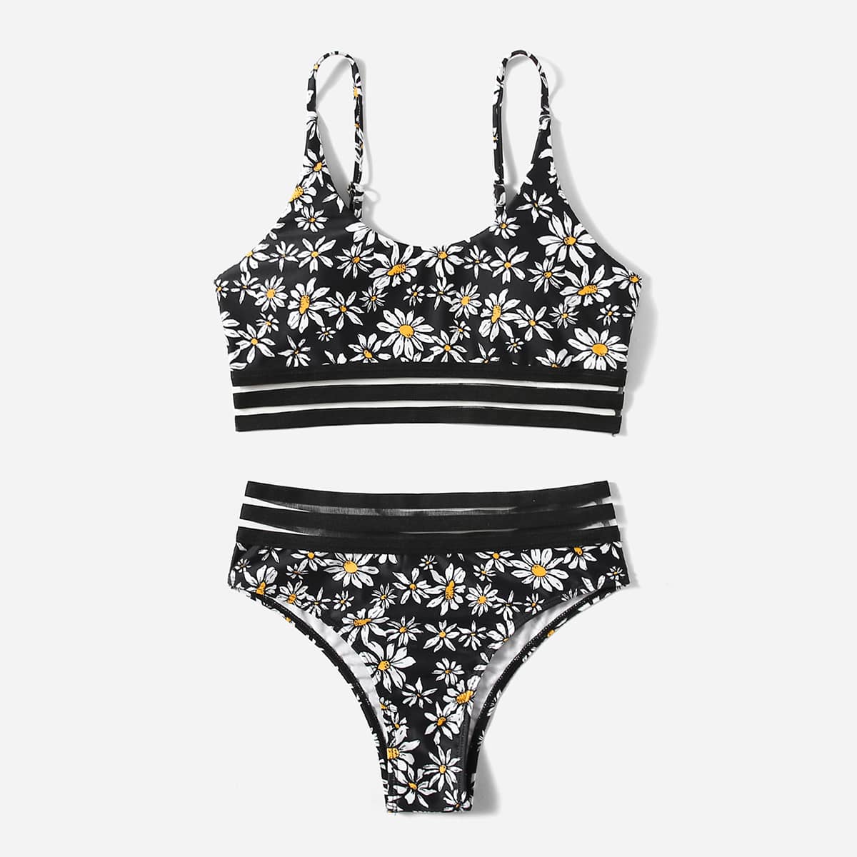 

Floral Print Contrast Mesh Bikini Swimsuit, Multicolor
