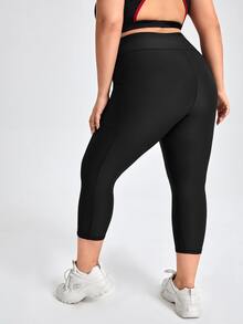 Plus Solid Sports Leggings With Phone Pocket - Black - View 2