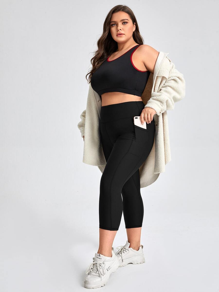Plus Solid Sports Leggings With Phone Pocket - Black - View 1