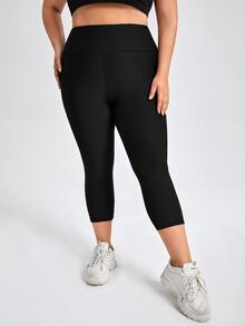 Plus Solid Sports Leggings With Phone Pocket - Black - View 4