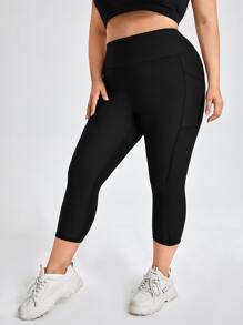 Plus Solid Sports Leggings With Phone Pocket - Black - View 5