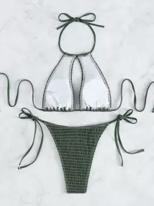 Swim Vcay Swimsuits For Woman Smocked Bikini Set Halter Bra & Thong Bottom 2 Piece Bathing Suit,Summer Beach - Army Green - View 2