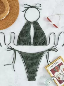 Swim Vcay Swimsuits For Woman Smocked Bikini Set Halter Bra & Thong Bottom 2 Piece Bathing Suit,Summer Beach - Army Green - View 3
