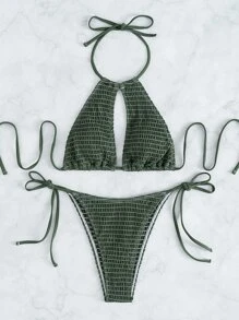 Swim Vcay Swimsuits For Woman Smocked Bikini Set Halter Bra & Thong Bottom 2 Piece Bathing Suit,Summer Beach - Army Green - View 4