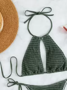 Swim Vcay Swimsuits For Woman Smocked Bikini Set Halter Bra & Thong Bottom 2 Piece Bathing Suit,Summer Beach - Army Green - View 5