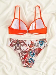 Plant Print Push Up Bikini - Orange - View 2