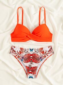 Plant Print Push Up Bikini - Orange - View 3