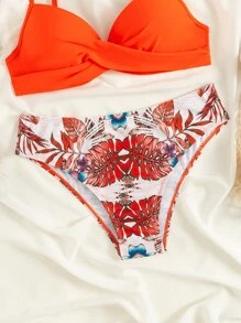 Plant Print Push Up Bikini - Orange - View 5