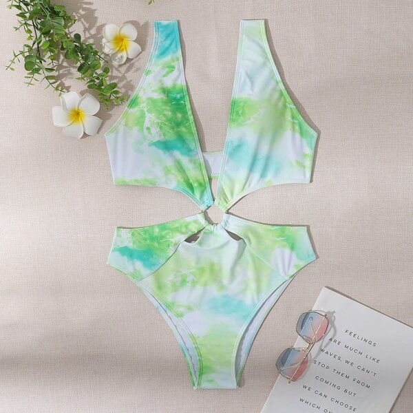 

Tie Dye Cut-out Ring Linked One Piece Swimsuit, Multicolor