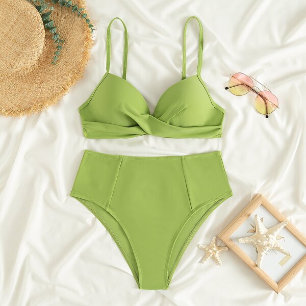 

Plain Push Up High Waisted Bikini Swimsuit, Green