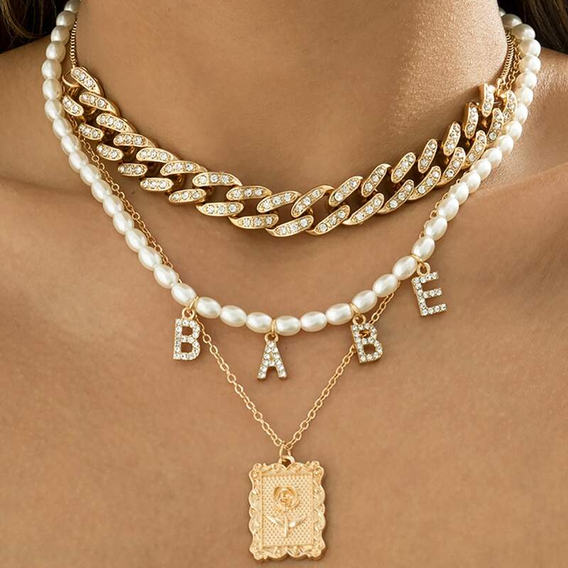 

3pcs Rhinestone Decor Necklace, Gold