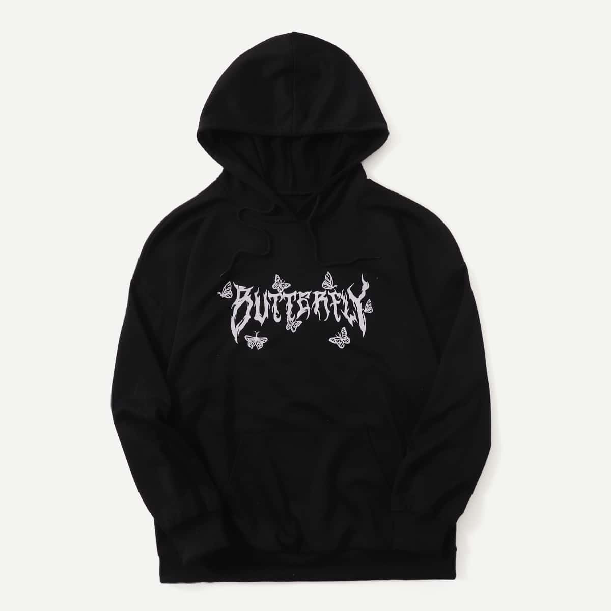 

Letter Butterfly Graphic Drawstring Hoodie, Black