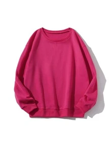 SHEIN EZwear Sudadera unicolor de cuello redondo de hombros caídos - Rosa Fucsia - Ver 1