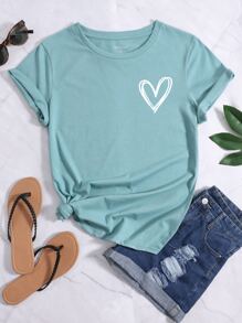 INAWLY Heart Print Round Neck Tee Graphic Tees Women Tops - Cadet Blue - View 1