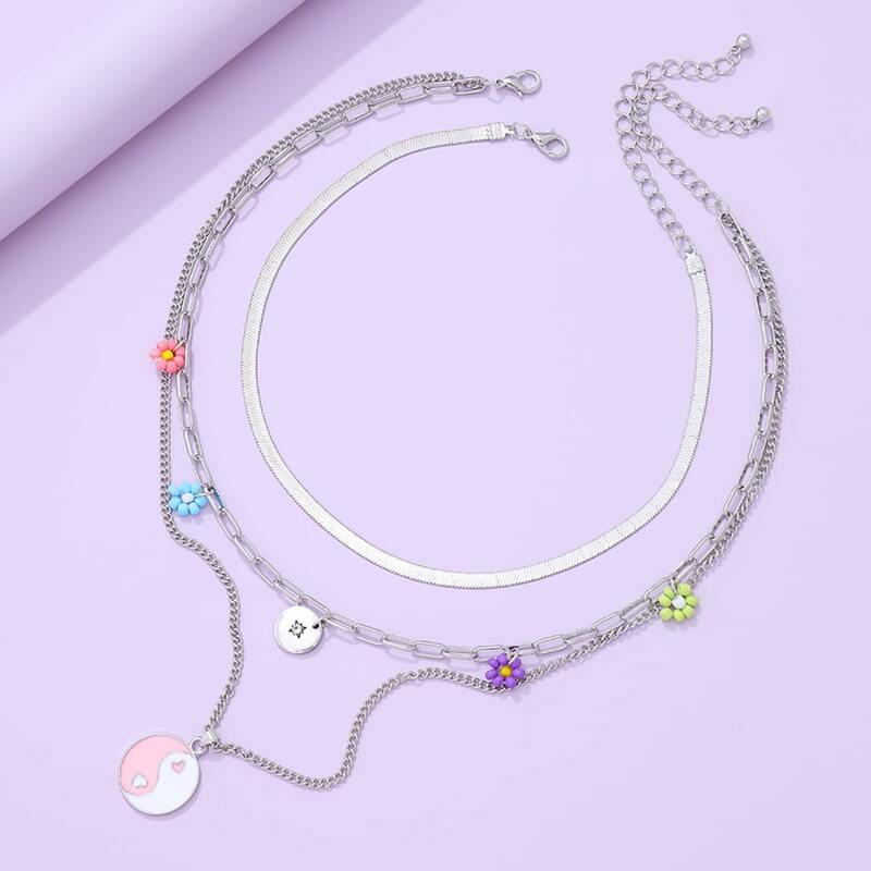 

2pcs Yin & Yang Decor Layered Chain Necklace, Silver