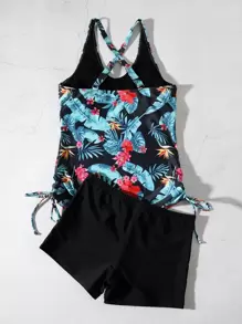 Swim Lushoire Tropical Print Drawstring Tankini,Summer Beach - Multicolor - View 2